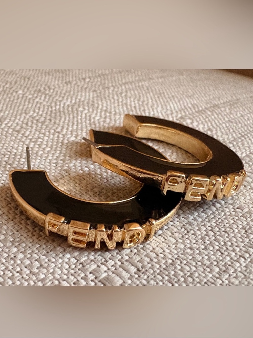 Fendi Black and Gold Enamel Logo Hoop Earrings